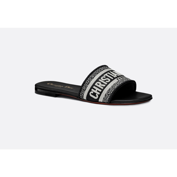 DIOR Dway Embroidered Christian Dior Cotton Slide Flat Sandals Black Women's 38 - Picture 1 of 8